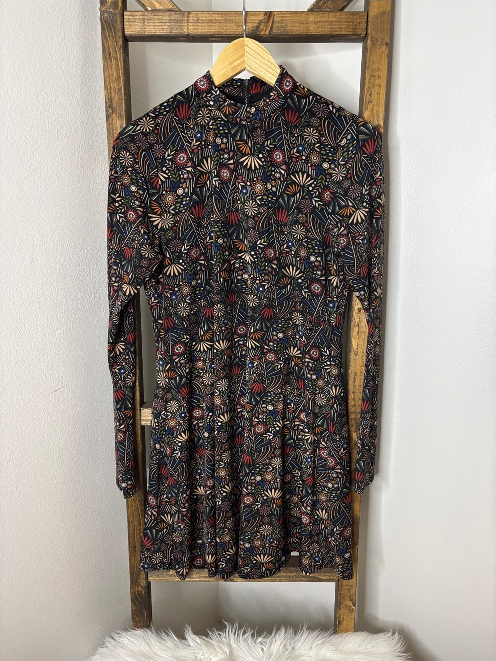 Altar'd State Black Floral Long-Sleeve High Neck Dress Size L